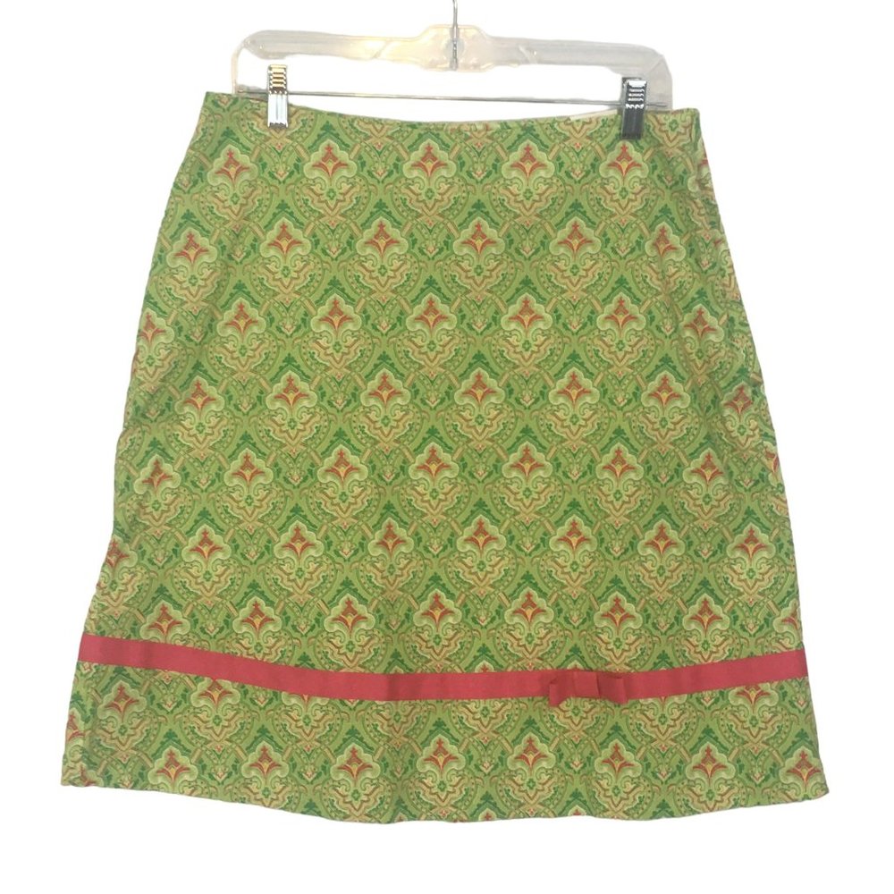 GOODCLOTHES Green Pink‎ Midi A-line Skirt, Ribbon Trim, Size 12, 32 waist